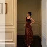 A Line Straps Burgundy Velvet Floral Prom Dresses Birthday Outfits Evening Gown SD864