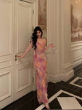 A Line Spaghetti Straps Pink Chiffon Floral Prom Dresses Birthday Outfits Evening Gown SD867
