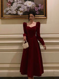 A line Square Neckline Long Sleeves Red Velvet Date Night Dress Prom Dresses Birthday Party Outfit HZ0628