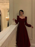 A line Square Neckline Long Sleeves Red Velvet Date Night Dress Prom Dresses Birthday Party Outfit HZ0628