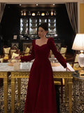 A line Square Neckline Long Sleeves Red Velvet Date Night Dress Prom Dresses Birthday Party Outfit HZ0628