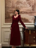 A line Square Neckline Long Sleeves Red Velvet Date Night Dress Prom Dresses Birthday Party Outfit HZ0628