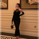 Mermaid High Neckline Black Velvet Prom Dresses Birthday Outfits Evening Gown SD873