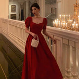 A Line Square Neckline Red Short Sleeves Date Night Dress Prom Dresses Birthday Party Outfit SD883