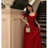 A Line Square Neckline Red Short Sleeves Date Night Dress Prom Dresses Birthday Party Outfit SD883