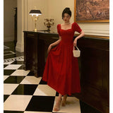 A Line Square Neckline Red Short Sleeves Date Night Dress Prom Dresses Birthday Party Outfit SD883