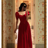 A Line Square Neckline Red Short Sleeves Date Night Dress Prom Dresses Birthday Party Outfit SD883