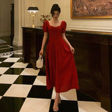 A Line Square Neckline Red Short Sleeves Date Night Dress Prom Dresses Birthday Party Outfit SD883