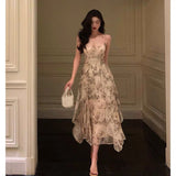 A Line Spaghetti Straps Chiffon Floral Sleeveless Date Night Dress Prom Dresses Birthday Party Outfit SD886