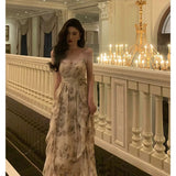 A Line Spaghetti Straps Chiffon Floral Sleeveless Date Night Dress Prom Dresses Birthday Party Outfit SD886