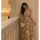 A Line Spaghetti Straps Chiffon Floral Sleeveless Date Night Dress Prom Dresses Birthday Party Outfit SD886