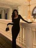 Sheath Square Neckline Long Sleeves Black Date Night Dress Prom Dresses Birthday Party Outfit SD888
