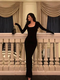 Sheath Square Neckline Long Sleeves Black Date Night Dress Prom Dresses Birthday Party Outfit SD888