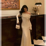 Mermaid Off The Shoulder White Ruffles Long Sleeves Prom Dresses Birthday Outfits Evening Gown SD891