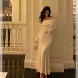 Mermaid Off The Shoulder White Ruffles Long Sleeves Prom Dresses Birthday Outfits Evening Gown SD891