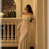 Mermaid Off The Shoulder White Ruffles Long Sleeves Prom Dresses Birthday Outfits Evening Gown SD891