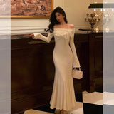 Mermaid Off The Shoulder White Ruffles Long Sleeves Prom Dresses Birthday Outfits Evening Gown SD891