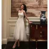 A line Straps White Date Night Dress Tulle Prom Dresses Birthday Party Outfit SD893