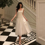 A line Straps White Date Night Dress Tulle Prom Dresses Birthday Party Outfit SD893