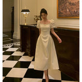 French A line Short Sleeves Ivory Satin Prom Dresses Birthday Outfits Evening Gown SD896