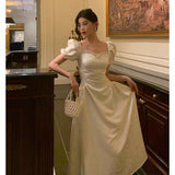 French A line Short Sleeves Ivory Satin Prom Dresses Birthday Outfits Evening Gown SD896