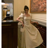 French A line Short Sleeves Ivory Satin Prom Dresses Birthday Outfits Evening Gown SD896