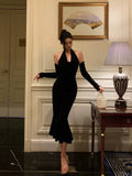 Mermaid Halter Neckline Ruffles Black Velvet Prom Dresses Birthday Outfits Evening Gown SD897