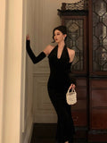 Mermaid Halter Neckline Ruffles Black Velvet Prom Dresses Birthday Outfits Evening Gown SD897