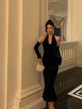 Mermaid Halter Neckline Ruffles Black Velvet Prom Dresses Birthday Outfits Evening Gown SD897