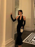 Mermaid Halter Neckline Ruffles Black Velvet Prom Dresses Birthday Outfits Evening Gown SD897