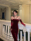 Sheath Halter Neckline Burgundy Velvet Prom Dresses Birthday Outfits Evening Gown SD898