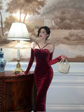 Sheath Halter Neckline Burgundy Velvet Prom Dresses Birthday Outfits Evening Gown SD898