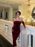 Sheath Halter Neckline Burgundy Velvet Prom Dresses Birthday Outfits Evening Gown SD898