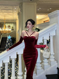 Sheath Halter Neckline Burgundy Velvet Prom Dresses Birthday Outfits Evening Gown SD898