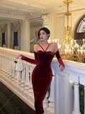 Sheath Halter Neckline Burgundy Velvet Prom Dresses Birthday Outfits Evening Gown SD898