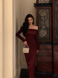 Sheath Off The Shoulder Burgundy Long Sleeves Prom Dresses Birthday Outfits Evening Gown SD899
