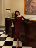 Sheath Off The Shoulder Burgundy Long Sleeves Prom Dresses Birthday Outfits Evening Gown SD899