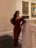 Sheath Off The Shoulder Burgundy Long Sleeves Prom Dresses Birthday Outfits Evening Gown SD899