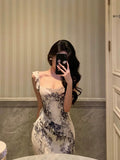 Mermaid Square Neckline Ruffles Long Chiffon Slit Prom Dresses Birthday Outfits Evening Gown SD900