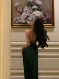 Sheath Spaghetti Straps Dark Green Satin Prom Dresses Birthday Outfits Evening Gown SD902