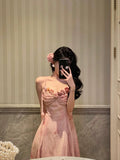 A Line Spaghetti Straps Pink Lace Prom Dresses Birthday Outfits Evening Gown SD905