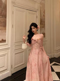 A Line Spaghetti Straps Pink Lace Prom Dresses Birthday Outfits Evening Gown SD905