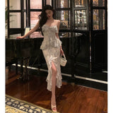 Sheath Spaghetti Straps Chiffon Floral Prom Dresses Birthday Outfits Evening Gown SD912