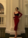French Sheath Long Sleeves Red Prom Dresses Birthday Outfits Evening Gown SD914