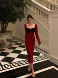 French Sheath Long Sleeves Red Prom Dresses Birthday Outfits Evening Gown SD914