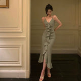 Sheath Spaghetti Straps Green Ruffles Prom Dresses Birthday Outfits Evening Gown SD915