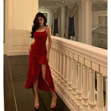 High Low Spaghetti Straps Red Prom Dresses Birthday Outfits Evening Gown SD917