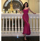 Sheath Spaghetti Straps Hot Pink Satin Prom Dresses Birthday Outfits Evening Gown SD918