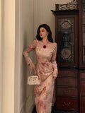 A Line Square Neckline Long Sleeves Pink Floral Prom Dresses Birthday Outfits Evening Gown SD921