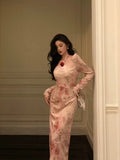 A Line Square Neckline Long Sleeves Pink Floral Prom Dresses Birthday Outfits Evening Gown SD921